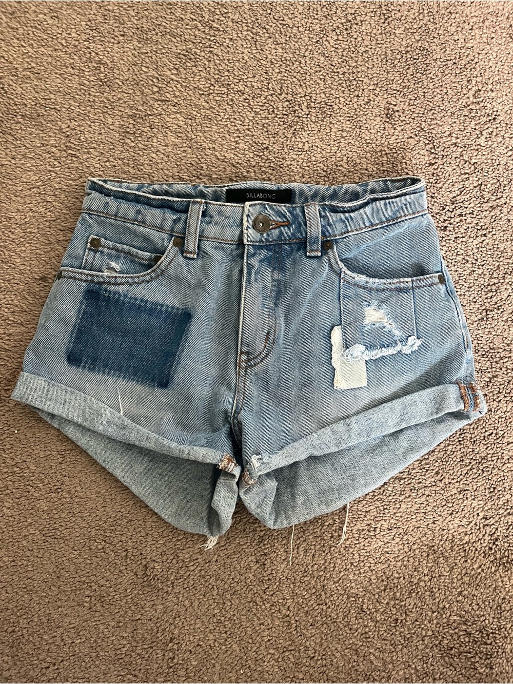 Billabong Light Wash Denim Patch Detail Rolled-Hem Shorts